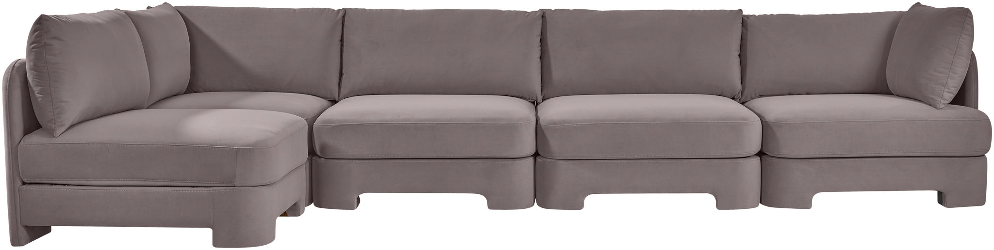 Meridian Furniture Hammond velvet performance fabric 5-piece L-shaped sectional sofa with plush cushions and modern design.