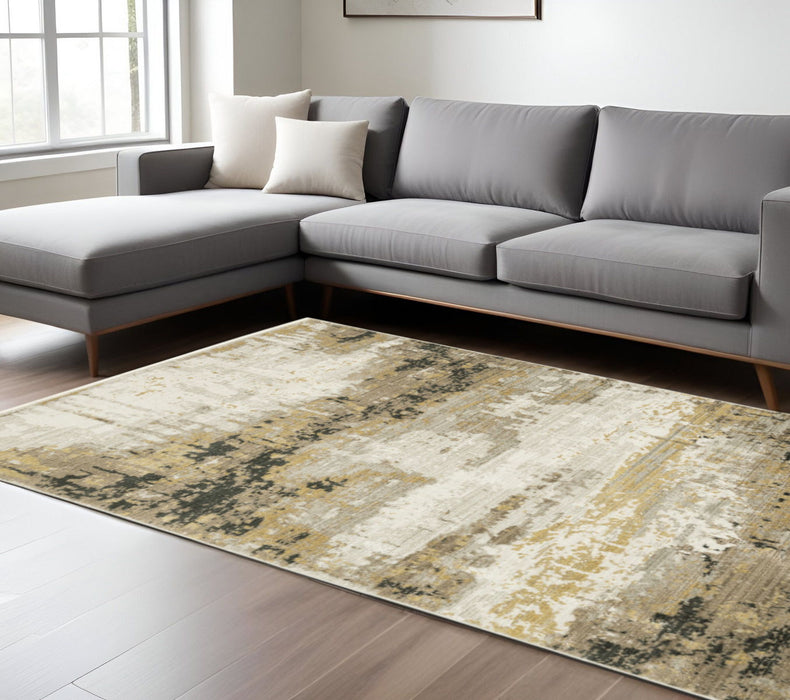 6' x 9' Abstract Power Loom Stain Resistant Area Rug With Fringe - Gray Gold Black Charcoal And Beige