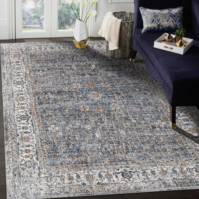 8' x 10' Oriental Power Loom Area Rug - Ivory Charcoal And Orange