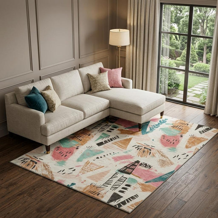 10' X 14' Geometric Washable Area Rug With UV Protection (694514) - Ivory / Black / Blush