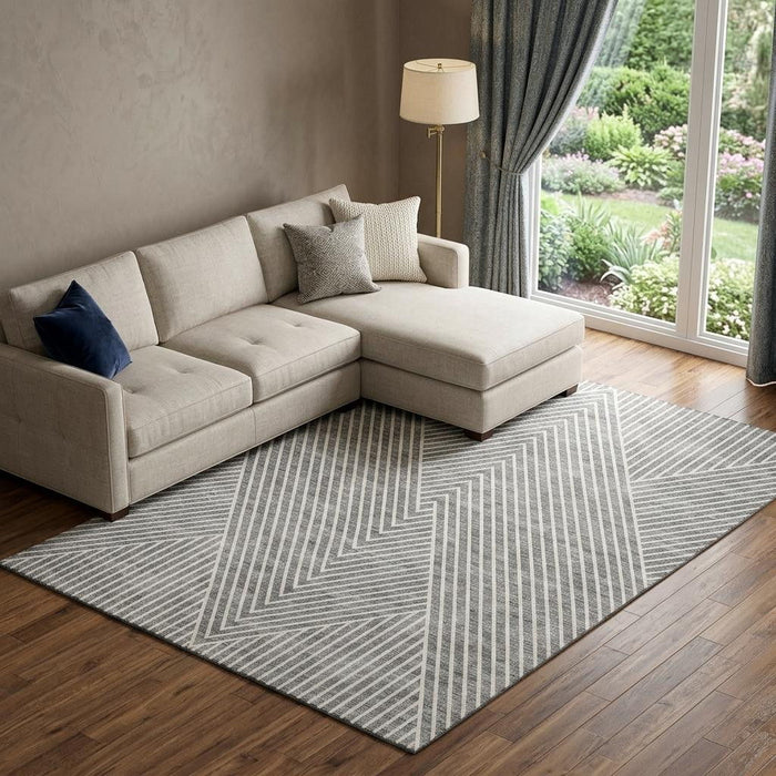 10' X 14' Geometric Washable Area Rug With UV Protection (674658) - Gray / Ivory