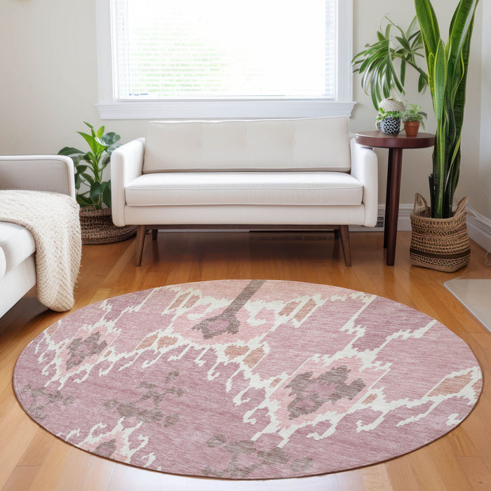 8' Ikat Washable Round Rug With UV Protection - Blush And Ivory