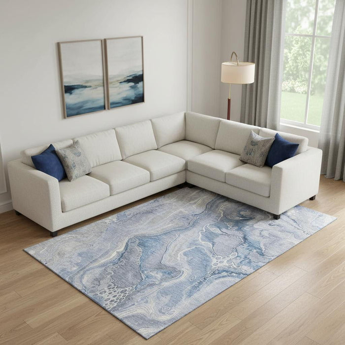 10' X 14' Abstract Washable Area Rug With UV Protection (697043) - Denim Blue / Gray / Ivory