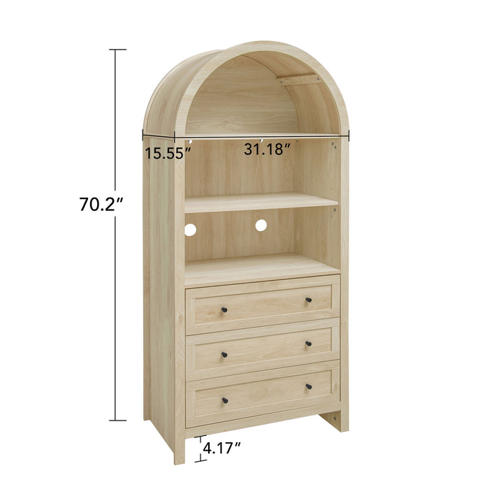 Giga modern farmhouse wood arched kitchen pantry cabinet with adjustable shelves, versatile for kitchen, dining, or living room.