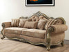 Brown velvet floral sofa with champagne legs and matching toss pillows, stylish stationary sofa by HomeRoots.
