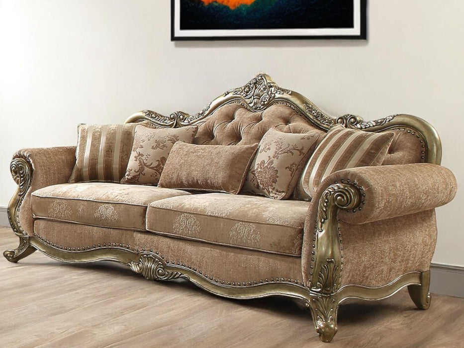Brown velvet floral sofa with champagne legs and matching toss pillows, stylish stationary sofa by HomeRoots.