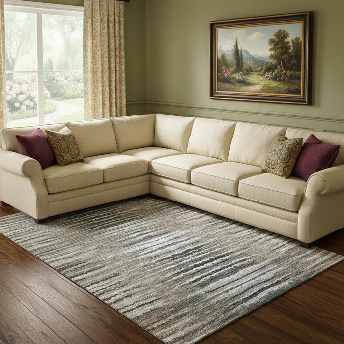 9' X 12' Striped Washable Area Rug With UV Protection (650979) - Brown / Gray / Ivory