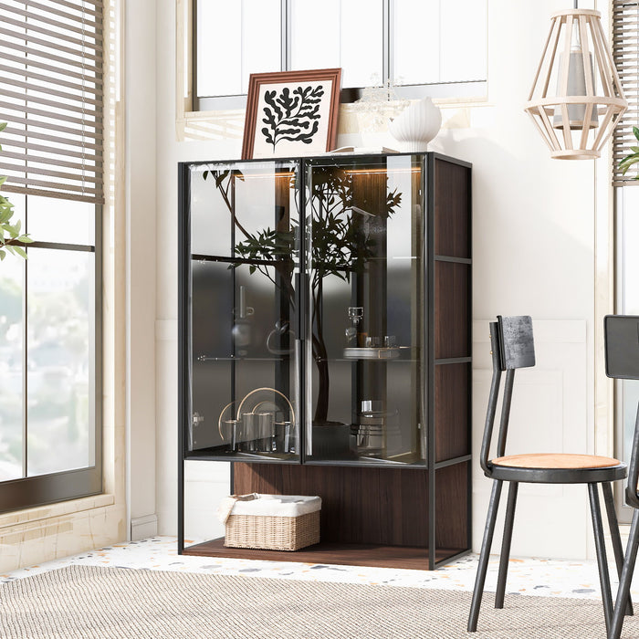 Modern minimalist Giga accent tall display cabinet with black frame, tempered glass door, and dark walnut finish.