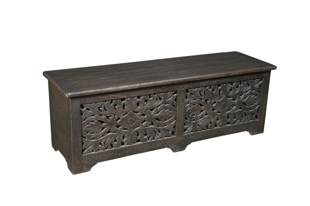 52" Distressed Solid Wood Carved Floral Storage Ottoman - Black