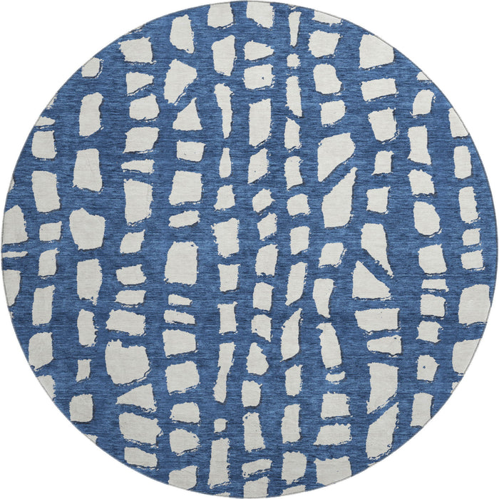 8' Cobblestone Washable Round Rug With UV Protection - Navy Blue And Ivory