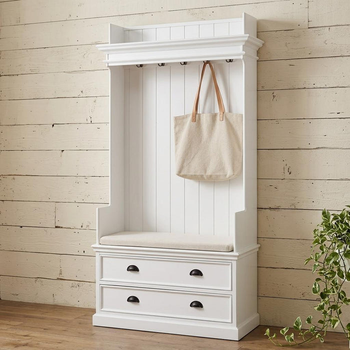 Classic Entryway Coat Rack And Bench With Drawers - White