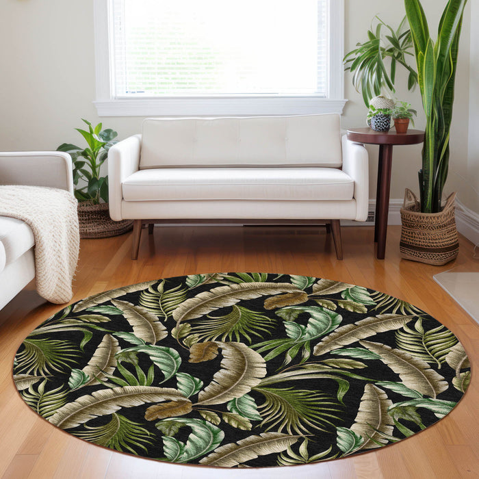 8' Geometric Washable Round Rug With UV Protection - Midnight And Brown