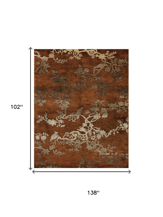 9' X 12' Wool Floral Hand Knotted Area Rug (744368) - Brown / Orange / Silver