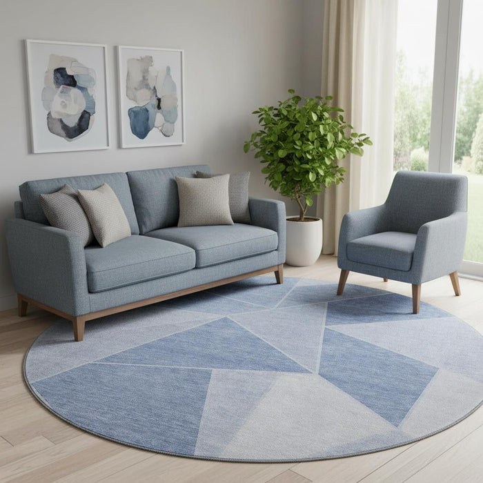 8' Geometric Washable Round Rug With UV Protection (653329) - Sky Blue / Ivory