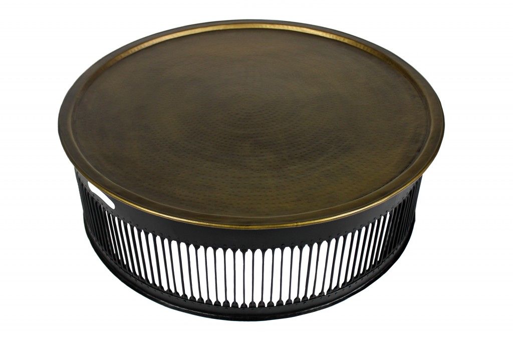 Round Drum Shaped Brass Coffee Table - Black