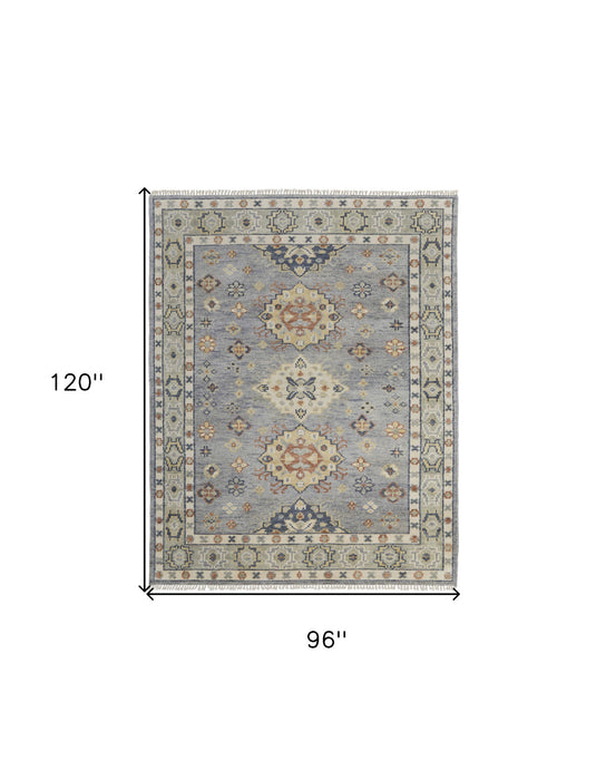 8' x 10' Wool Geometric Hand Knotted Area Rug With Fringe - Gray Blue And Taupe