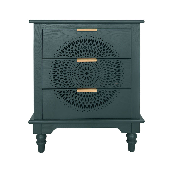 Blackish green Giga hollow carved accent chest with 3 drawers and metal handles, ideal for living room or bedroom storage.