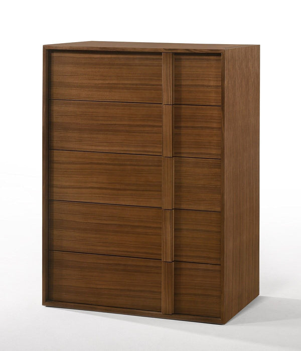 Walnut brown contemporary wood five-drawer chifforobe dresser with sleek design and modern hardware, ideal for bedroom storage.