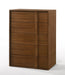 Walnut brown contemporary wood five-drawer chifforobe dresser with sleek design and modern hardware, ideal for bedroom storage.