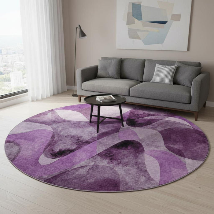 8' Abstract Washable Round Rug With UV Protection (648097) - Purple / Ivory