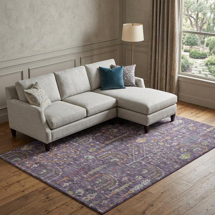 10' X 14' Floral Washable Area Rug With UV Protection (686921) - Eggplant / Orange / Green
