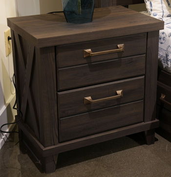 Dark brown Vonitta Bay two-drawer nightstand with built-in charging station and sleek design, from Signature Design by Ashley.