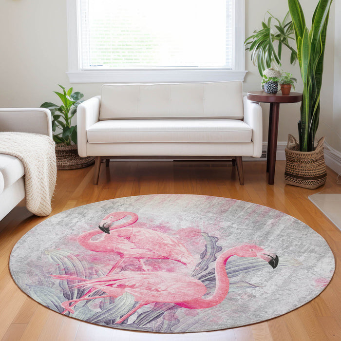 8' Island Geometric Washable Round Rug With UV Protection - Pink