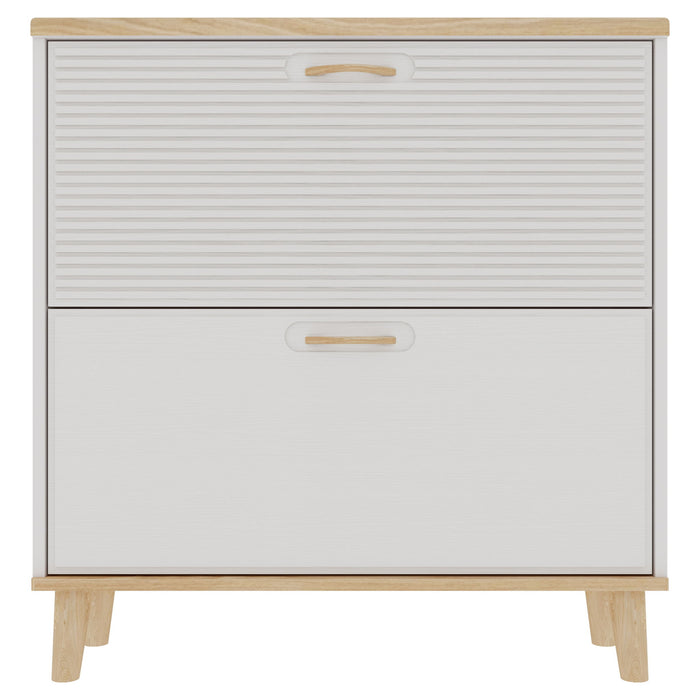 Giga narrow entryway shoe storage cabinet with 2 flip drawers, natural wood finish and white legs, ideal for organizing footwear.