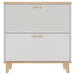 Giga narrow entryway shoe storage cabinet with 2 flip drawers, natural wood finish and white legs, ideal for organizing footwear.