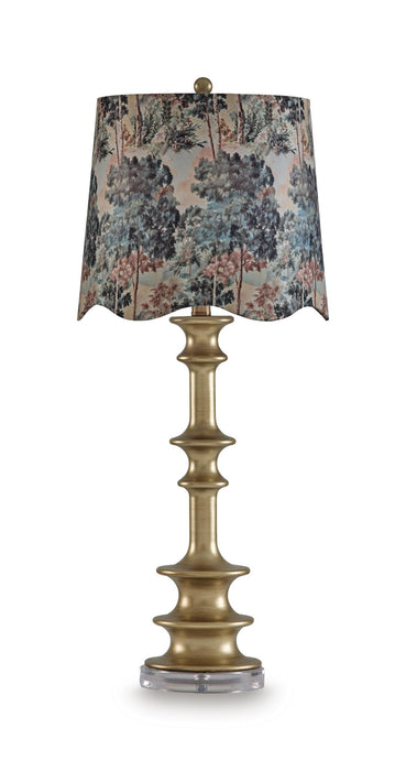 Jaystower poly table lamp in antique gold finish by Signature Design Ashley, featuring a stylish modern design with a textured base.