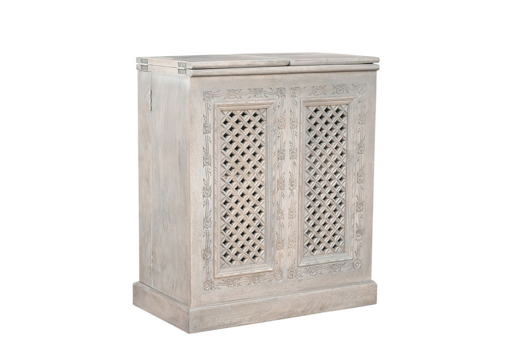 Solid Wood Carved Floral Bar Cabinet With Two Doors One Drawer (727847) - White