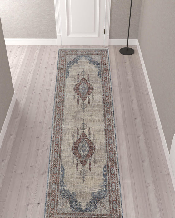 12' Floral Power Loom Runner Rug - Gray Red And Blue