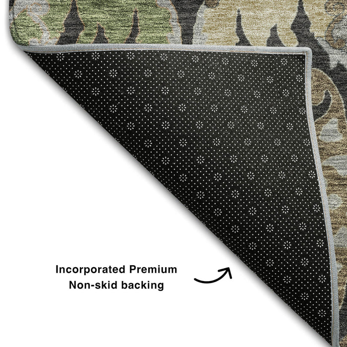 10' X 14' Floral Washable Area Rug With UV Protection (686927) - Black / Olive Green / Gray