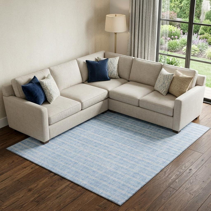 10' X 14' Striped Washable Area Rug With UV Protection (673885) - Sky Blue / Ivory