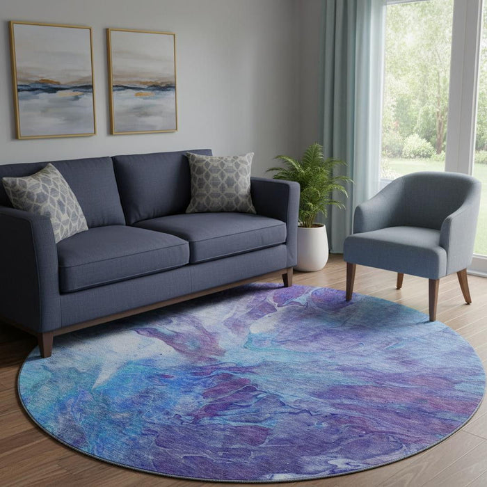 8' Abstract Washable Round Rug With UV Protection (653479) - Blue / Purple / Ivory