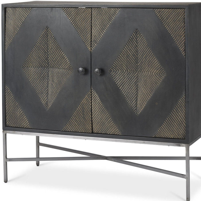 36" Solid Wood And Iron Carved Geometric Accent Cabinet With Two Doors - Dark Brown / Silver