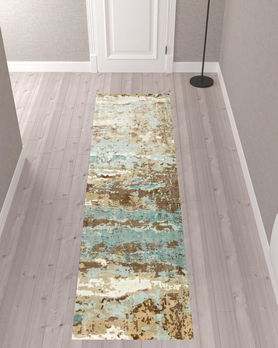 2' x 10' Abstract Hand Loomed Stain Resistant Runner Rug - Blue And Brown