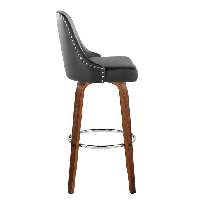 Marcel - 30" Fixed-Height Barstool With Swivel And Round Chrome Metal Footrest (Set of 2) - Walnut Wood And Black Faux Leather With Chrome Nailhead Trim