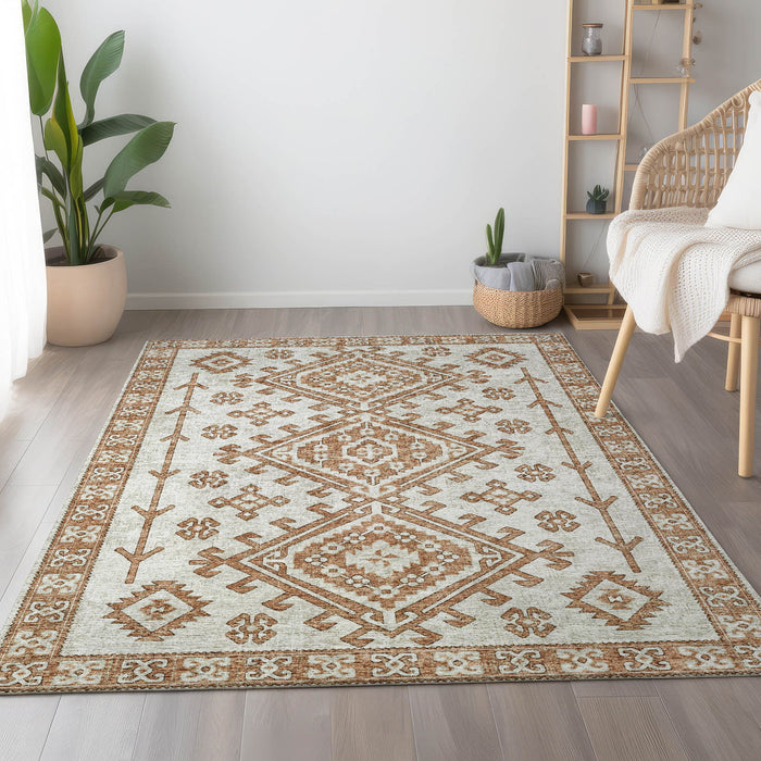 10' X 14' Geometric Washable Area Rug With UV Protection - Burnt Sienna And Beige