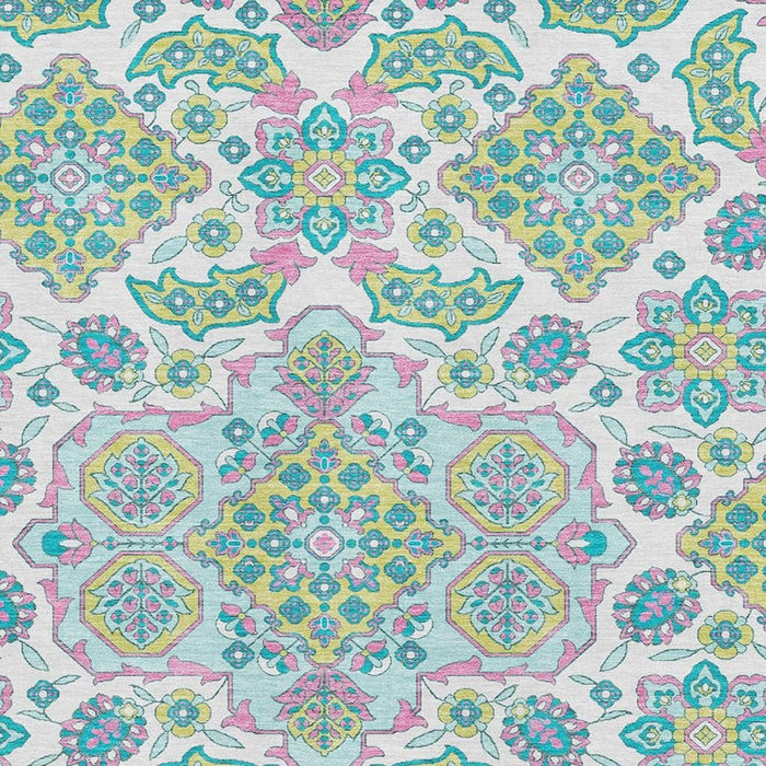10' X 14' Floral Medallion Washable Area Rug With UV Protection (705893) - White / Green / Pink