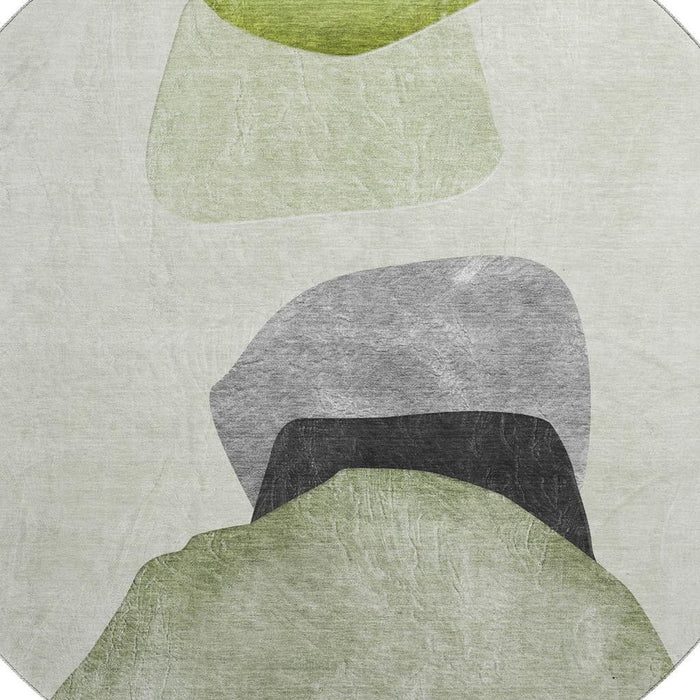 8' Abstract Washable Round Rug With UV Protection (648481) - Green / Gray