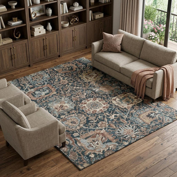 10' X 14' Floral Washable Area Rug With UV Protection (692994) - Taupe / Teal / Brown
