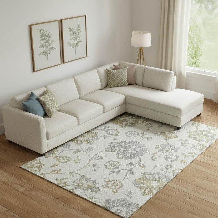 9' X 12' Floral Washable Area Rug With UV Protection (667920) - Ivory / Gray / Gold