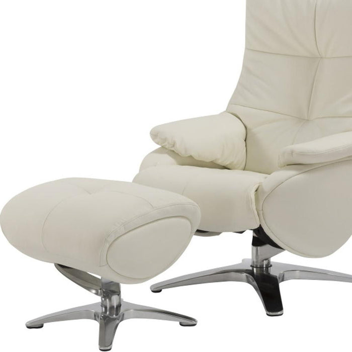 HomeRoots white tufted genuine leather manual swivel recliner with matching ottoman, showcasing plush cushioning and sleek design.