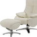 HomeRoots white tufted genuine leather manual swivel recliner with matching ottoman, showcasing plush cushioning and sleek design.