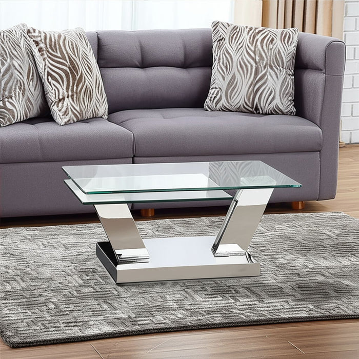 32" Glass And Stainless Steel Floor Shelf Coffee Table - Clear And Silver