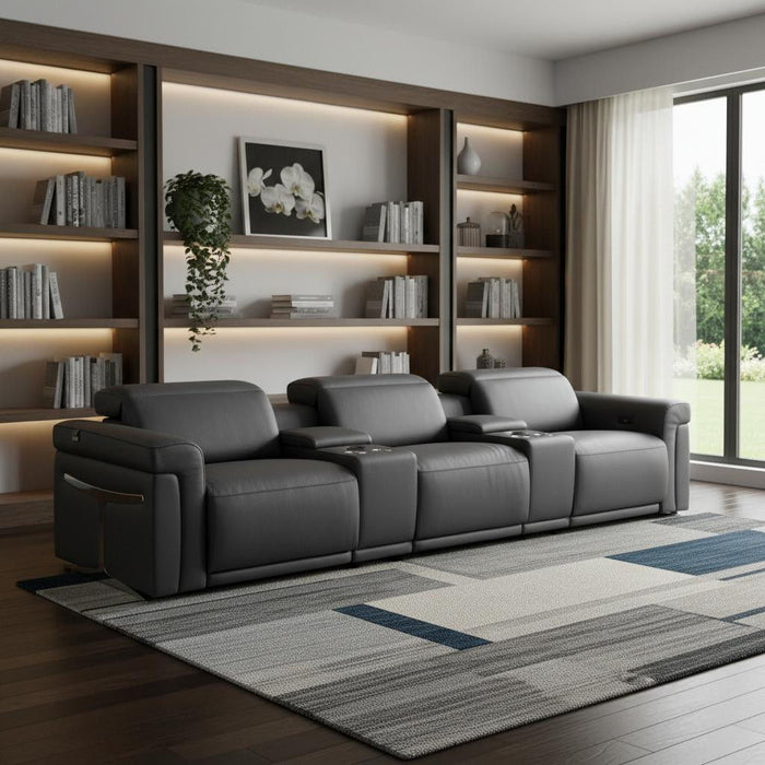 Top Grain Leather Reclining Metal USB Sofa (720367) - Dark Gray