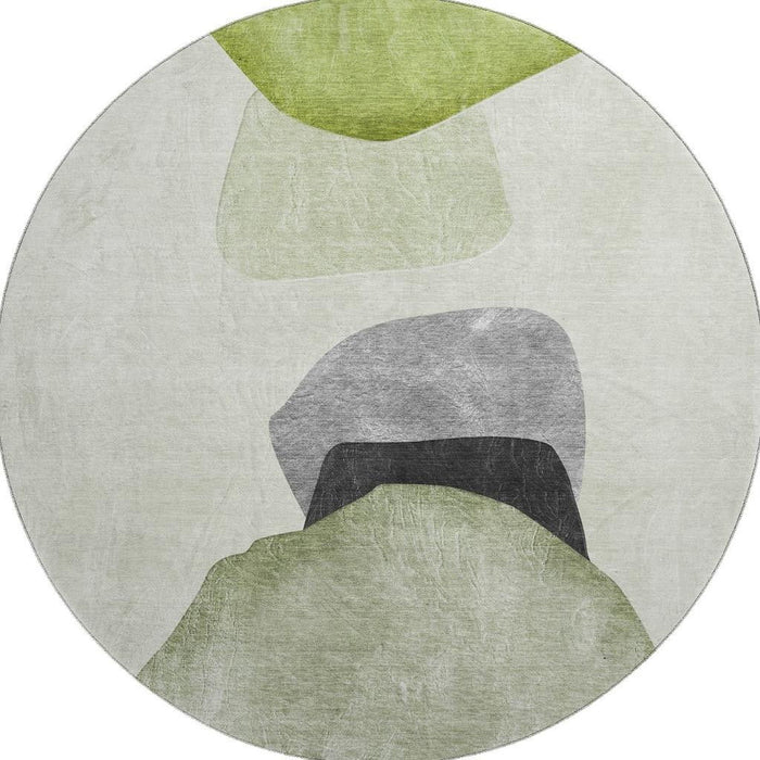 8' Abstract Washable Round Rug With UV Protection (648481) - Green / Gray