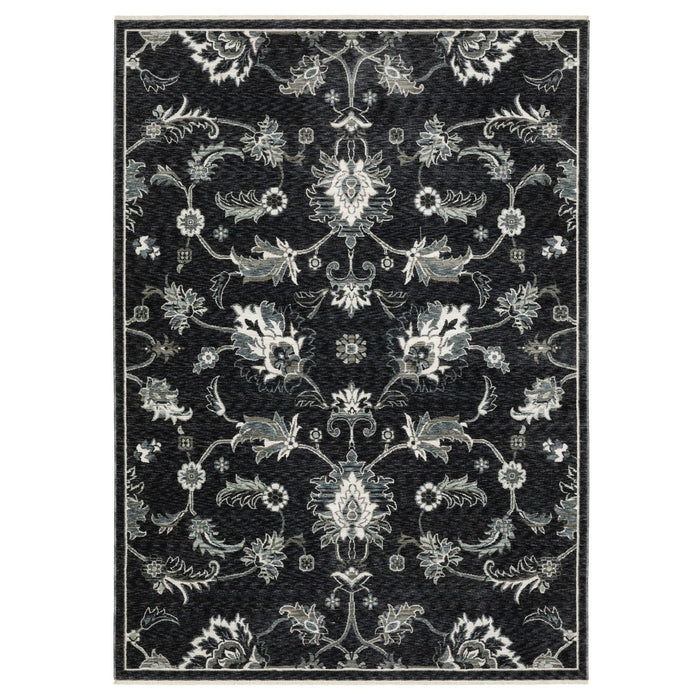 10' X 13' Floral Area Rug With Fringe (575132) - Blue / Black / Ivory