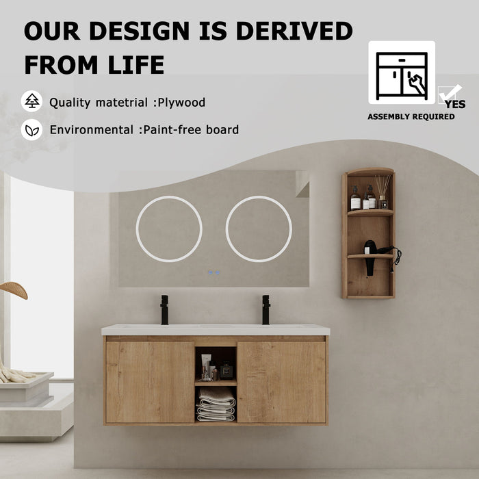 Giga 48-inch wall-mounted bathroom vanity with double resin sinks, soft-close doors, plywood construction, and oak finish.